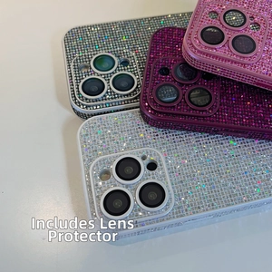 Detail of glitter diamond iPhone case with integrated lens protector in multiple colors
