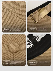 Detail view of corduroy baseball cap showing metallic buckle and fine stitching