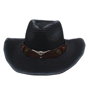 Classic black straw cowboy hat with brown leather band and silver bull head ornament