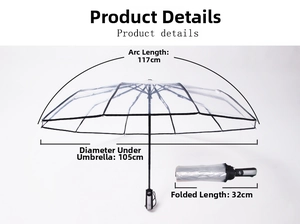 Specificaties transparante paraplu: boog 117cm, diameter 105cm, gevouwen lengte 32cm