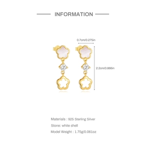 Détail de boucles d'oreilles fleur en argent S925 avec nacre et dimensions