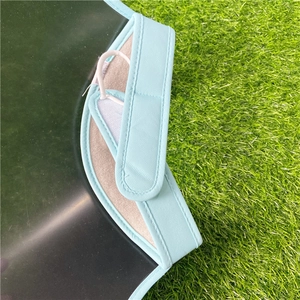 Close-up detail view of light blue sun hat featuring an adjustable hook and loop strap