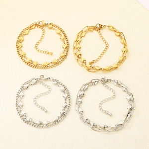 Adjustable stainless steel heart charm bracelets in gold and silver square link chain styles