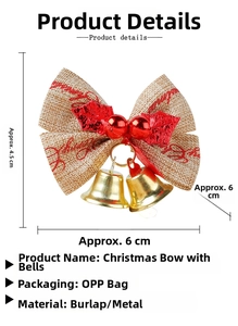Detail of burlap Christmas bow with golden bells and red berries, 6x4.5cm size