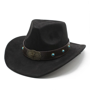 Schwarzer Western-Cowboyhut aus Wildlederimitat mit Türkisperlen und Metallstern