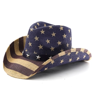 Macro detail of breathable woven western cowboy hat with US flag patterns and star studs