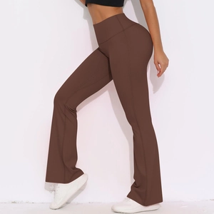 Side view of high-waist flared yoga pants in dark brown with wide tummy control waistband