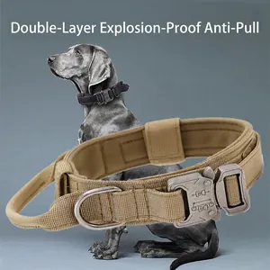 Tactical nylon dog collar with heavy-duty metal buckle and handle for large breeds