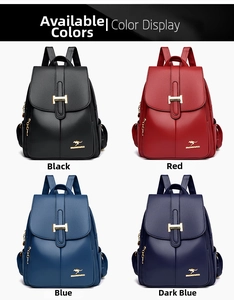 Detailed grid view of high-capacity leather backpacks in black, red, and blue colors