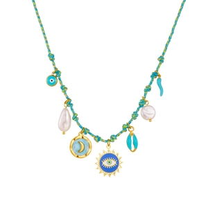 Bohemian woven cord necklace with evil eye pendants, moon charm, and baroque pearls