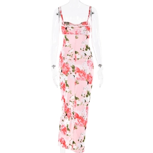 Detail of floral backless maxi dress with pink floral print and lace trim decoration