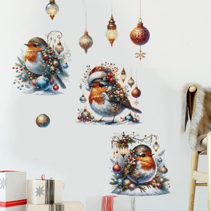Christmas robin wall stickers with vintage lanterns and festive ornaments on white wall