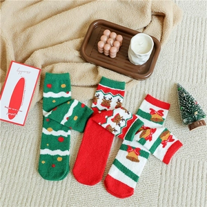 Detail of thick Christmas coral fleece socks with reindeer and tree patterns