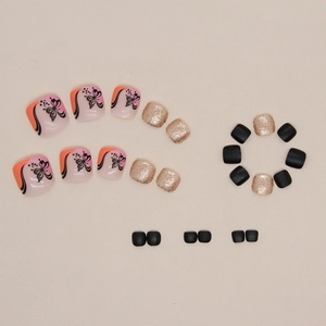 Faux ongles de pieds noirs et roses à paillettes avec design papillon peint à la main