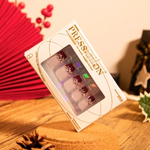 French wine red press-on nails set with champagne rhinestones in elegant gift box