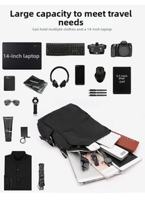 Interior capacity detail of black business backpack holding a laptop, iPad and electronics