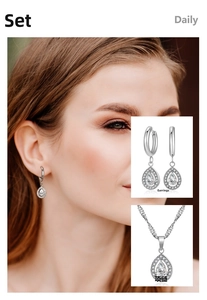 Détail du collier avec pendentif poire en zircon et boucles d'oreilles créoles