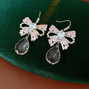 Luxury bow tassel earrings with pink zircon and teardrop crystal in retro French style