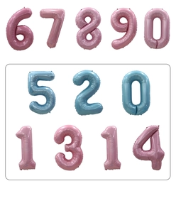 Detail of 40-inch pink and blue number balloons with metallic finish for birthday party decor