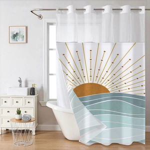 Detail view of waffle fabric shower curtain with artistic sunrise and wave print