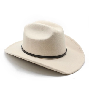 Macro shot of off-white wide brim felt cowboy hat with detailed dark brown ribbon band