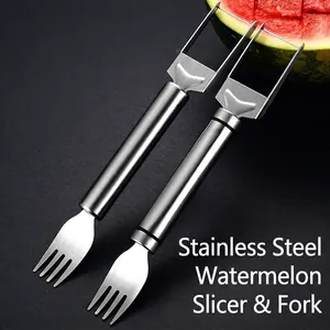 Dual-head stainless steel watermelon slicer and fork tool for fruit cutting