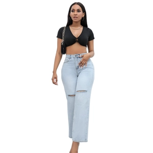 Women's trendy light blue flare jeans with stylish ripped knees and high waist design