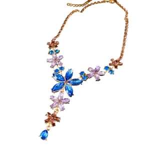 Vintage floral tassel necklace with colorful rhinestones and blue teardrop pendant