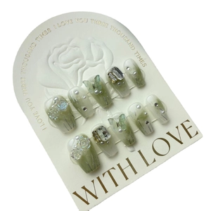 Handmade green gradient press-on nails with 3D white rose, pearls and rhinestones
