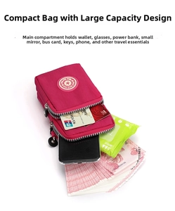 Rose red nylon crossbody phone bag with multi-layer zipper compartments for essentials