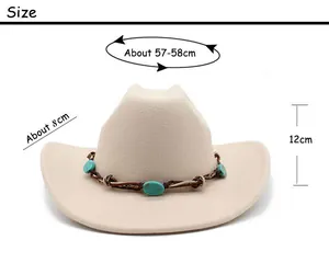 Detailed size chart for Western cowboy hat showing 58cm circumference and 8cm brim width