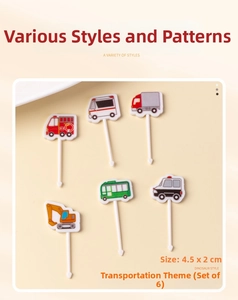 Detailed set of 6 vehicle-themed fruit picks including fire truck and excavator