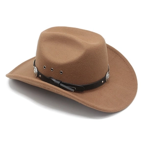 Detailed macro view of a brown wool cowboy hat featuring a black leather band and metal studs