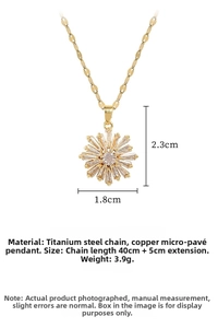 Macro shot of titanium steel gold necklace showing detailed sunburst zircon pendant dimensions
