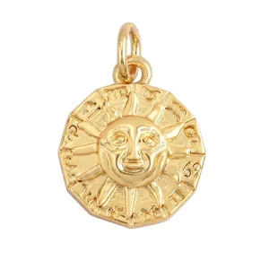 Detailed relief of golden sun face pendant with twelve zodiac symbols on white background