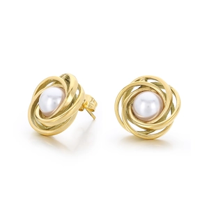 Elegant gold spiral stud earrings with center white pearl inlay on white background