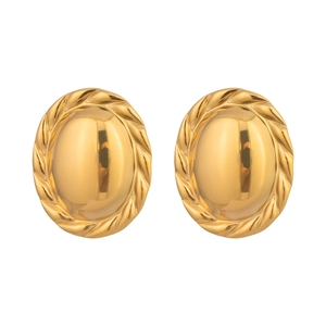 Detail of gold oval stud earrings with smooth dome center and twisted rope texture