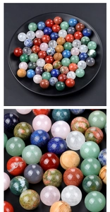 Macro detail of 14mm polished natural crystal and agate stone balls in various colors