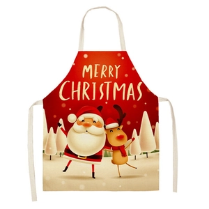 Linen Christmas apron featuring Santa and Reindeer cartoons with Merry Christmas text