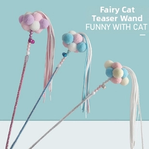 Three long fairy cat teaser wands with colorful plush balls and long flowing tassels