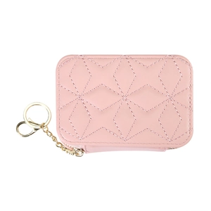 Pink quilted mini cosmetic pouch with gold keychain and chain on white background