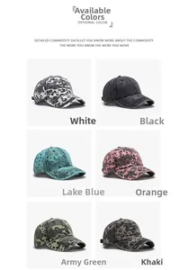 Collage of camouflage baseball caps in six different colors with vintage washed texture