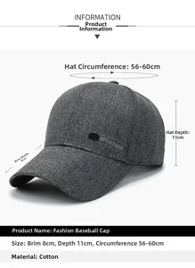 Tableau des tailles détaillé pour la casquette grise montrant la visière et la profondeur