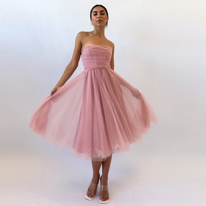 Elegant pink mesh strapless midi dress featuring layered tulle and a flowing A-line skirt