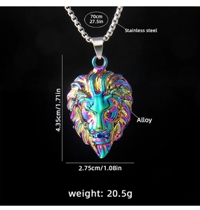 Detailed dimensions of rainbow lion head pendant with stainless steel necklace chain
