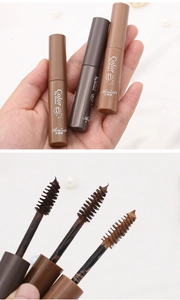 Detailed view of eyebrow mascara set with spiral brushes in three brown shades