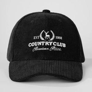 Vintage black corduroy baseball cap featuring white deer embroidery and EST 1991 text