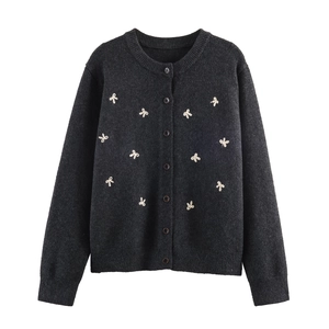 Women Knitted Cardigan Round Neck Long Sleeve Button Up Sweater With Bow Embroidery Sweet Soft Dark Grey Knitwear