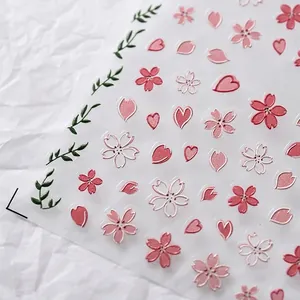 5D embossed cherry blossom nail art stickers with pink floral and heart designs