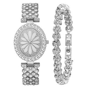 Luxury Women Quartz Watch And Rhinestone Heart Bracelet Oval Dial Daisy Floral Pattern Fashion Jewelry For Ladies Elegant